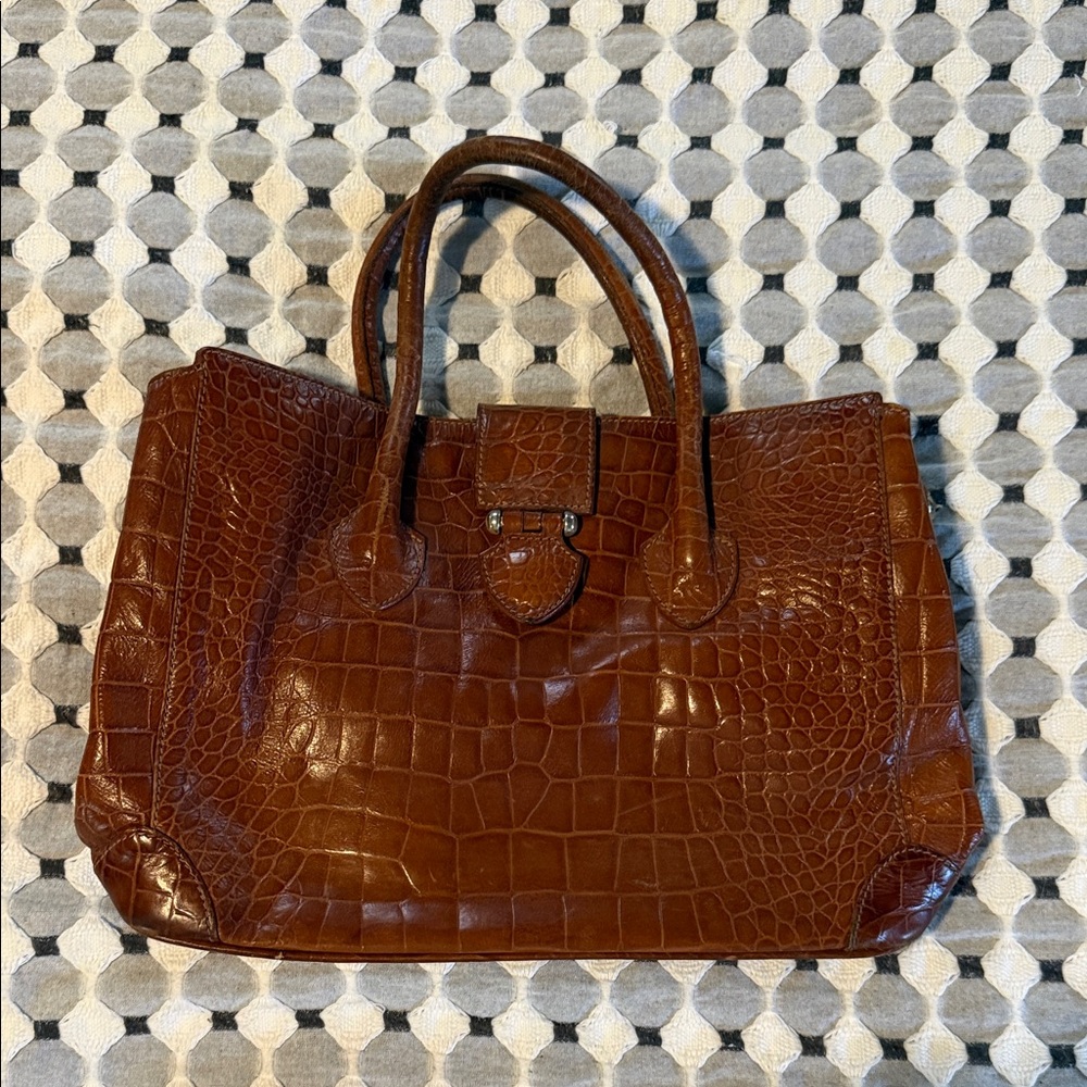 Brown Croc-Embossed Leather Tote Bag